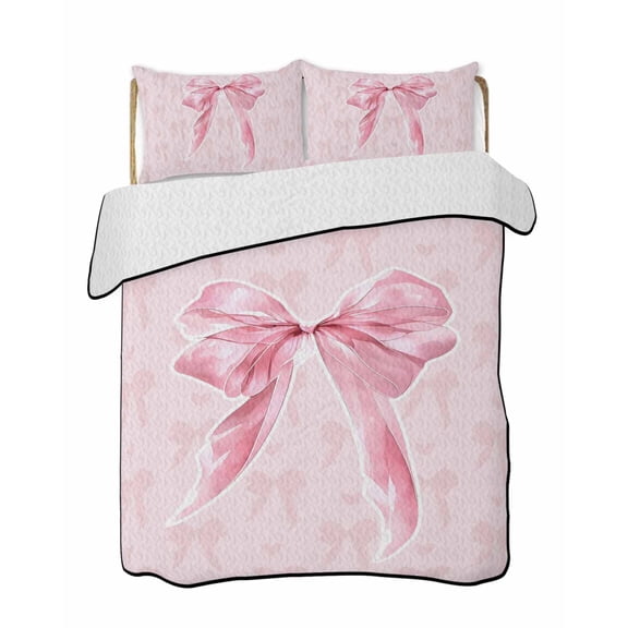 Quilt King Size Bedding Set, Pink Bow Reversible Summer Quilt 3 Pieces, Cute Watercolor Girls Cartoon Luxury Lightweight Bedspreads Coverlets with 2 Pillow Shams for All Seasons
