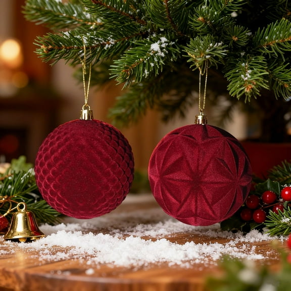Upgraded Christmas 2PC 10cm Flocked Burgundy Christmas Ball Ornament Set X