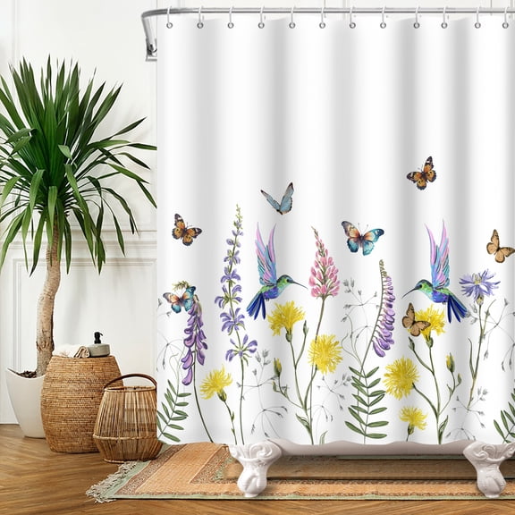 MIZHONA Birds with Butterfly Shower Curtain Floral Fabric Shower Curtains for Spring Bathroom Decor 72x72 in