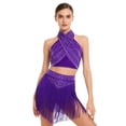 thumbnail image 4 of iiniim Women's Cha Cha Latin Salsa Dance Outfits Sleeveless Ruched Crop Top with Fringe Swing  Skirt Purple S, 4 of 7