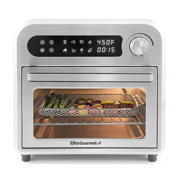 Horno de convección Elite Gourmet EAF1010D de 10 L, programable, con 8 ajustes de menú, controles de temperatura y temporizador, horneado, tostado, asado y freidora de aire, 1500 W con recetas, exter