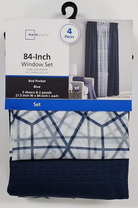Mainstays Solid and Printed Rod Pocket Curtain Panel Set of 4, Blue Moon, 27.5" W x 84" L