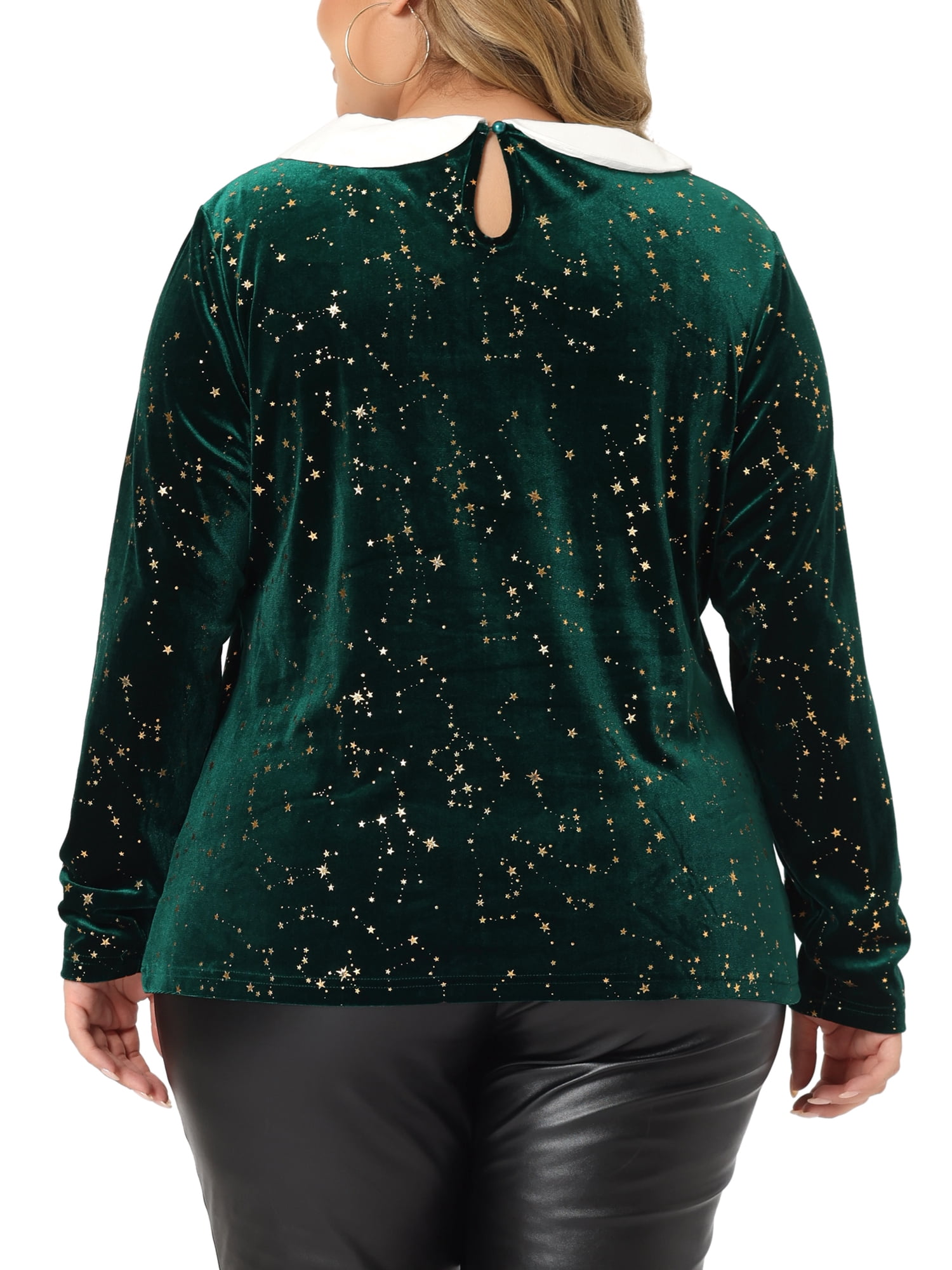 Unique Bargains Women's Plus Size Long Sleeve Peter Pan Collar Vintage Velvet Tops 2X Green