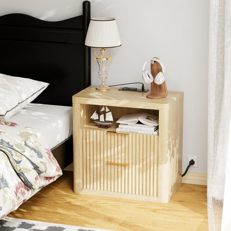 Lacoo End Table with Lights & Power Outlet, Fluted Nightstand with 2 Drawers for Bedroom, Sofa Side End Table for Living Room, Natural