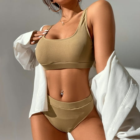 TIANEK Women Bikini 2023 New Hot Spring Push-Up Padded Solid Bra Jumping America Mother s Day Summer Halter Show Waist Split Swimsuit for Women Clearance