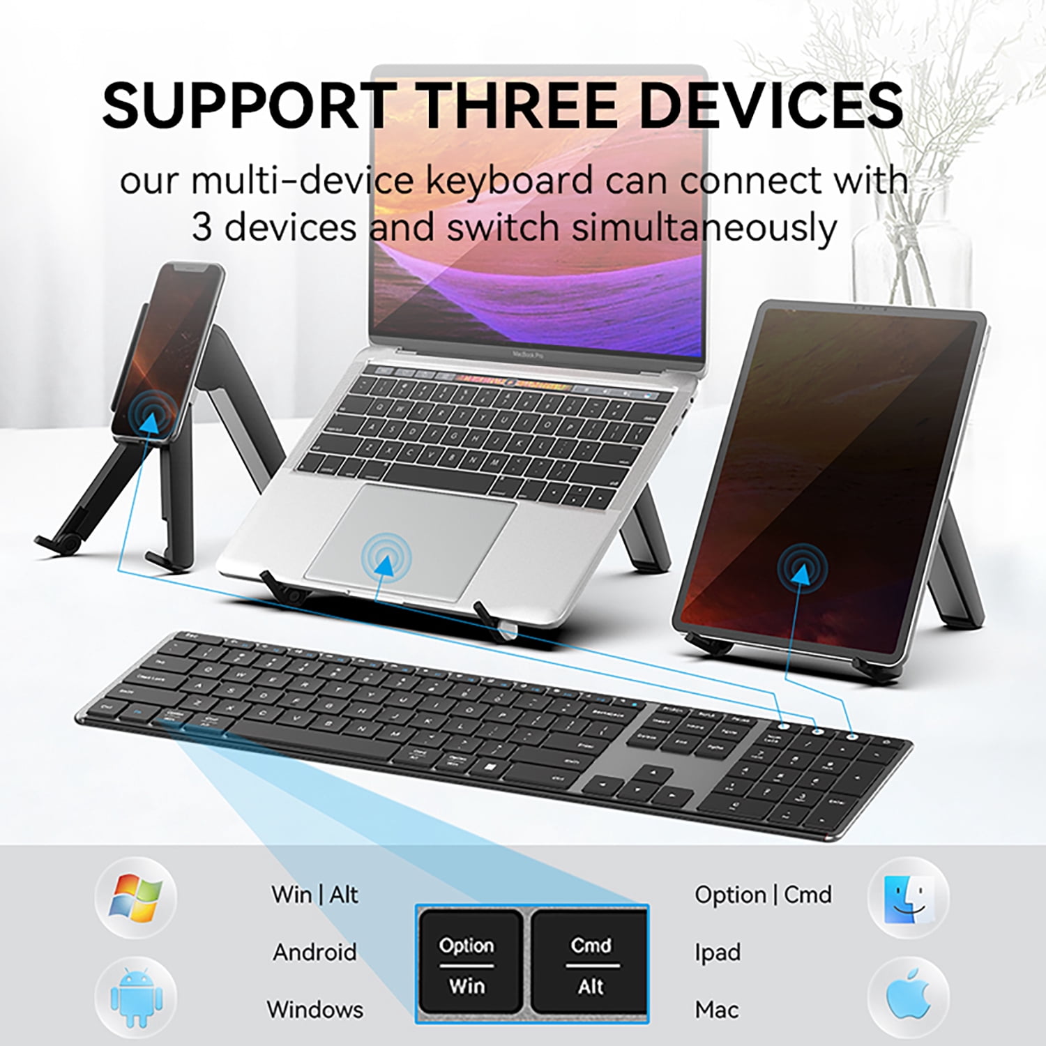 AUSDOM 2.4G Wireless Bluetooth Full Size Keyboard,Quiet Slim Multi-Device Rechargeable with Number Pad | Compatible with PC/Mac/Windows - Black