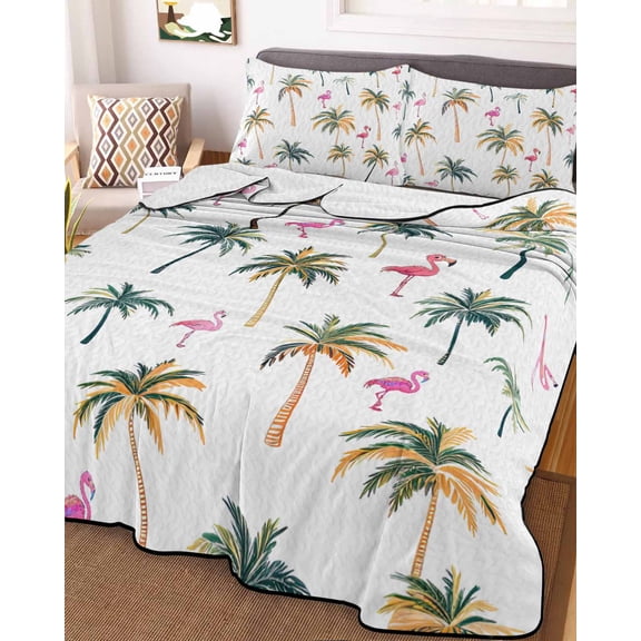 Palm Trees Queen Size Down Alternative Comforter, Lightweight Comforter Quilt Bedding Set with Pillow Shams Watercolor Tropical Flamingo Summer All Seasons Bed Comforter Duvet Insert 90"x96"