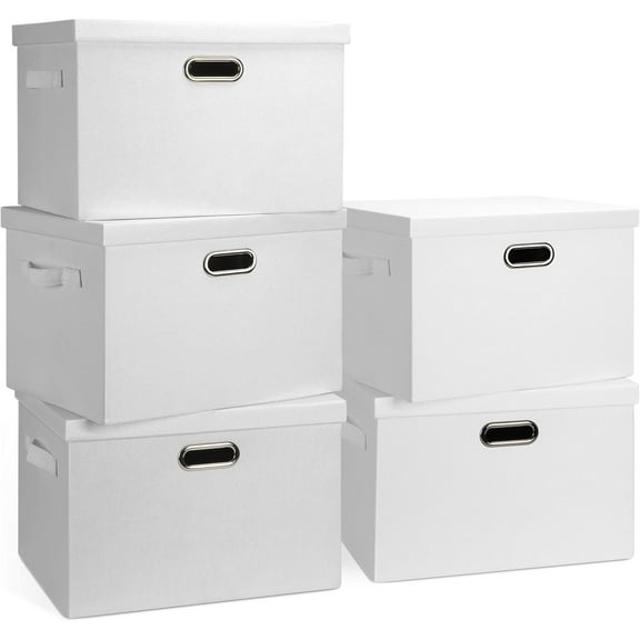 Large 17" 36 Quart Collapsible Stackable Storage Bins with Lids, 5 Packs White Linen Fabric Closet Boxes with Lids, Storage Cube Baskets Container Organizers for Bedroom Office(17 x12 x11)