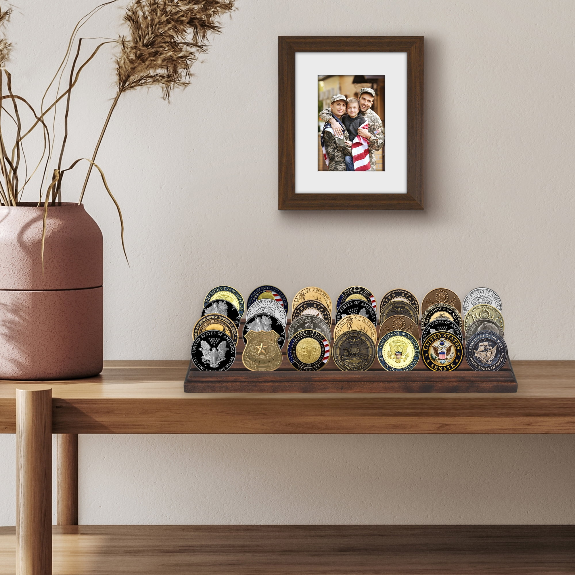 Americanflat 12x4 Picture Frame Challenge Coin Display Rows Military Stand Solid Collectible Holder - Walnut