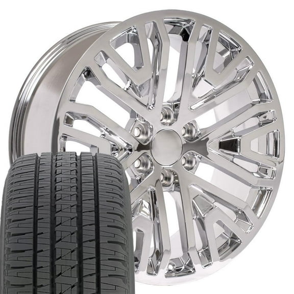 OE Wheels CV37 22 Inch Rims and Tires Fit Sierra 1500 Style 6x139.7 22x9 Chrome - Hollander 5906 - Dueler H/L Alenza 285/45-22 (Set of 4)