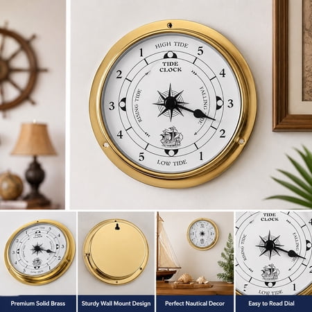 4.5 Inch Brass Tide Clock, Nautical Wall Mounted High & Low Tide Clock, Marine Coastal Weather Station Decorative Clock for Boat, Beach House, Ocean Cabin Home Decor