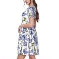 thumbnail image 2 of Picia Blue Flax Flowers Pattern Women's Short Sleeve Summer Dress Pleated Loose Swing Knee Length Short Sleeve Swing Dresses, 2 of 6
