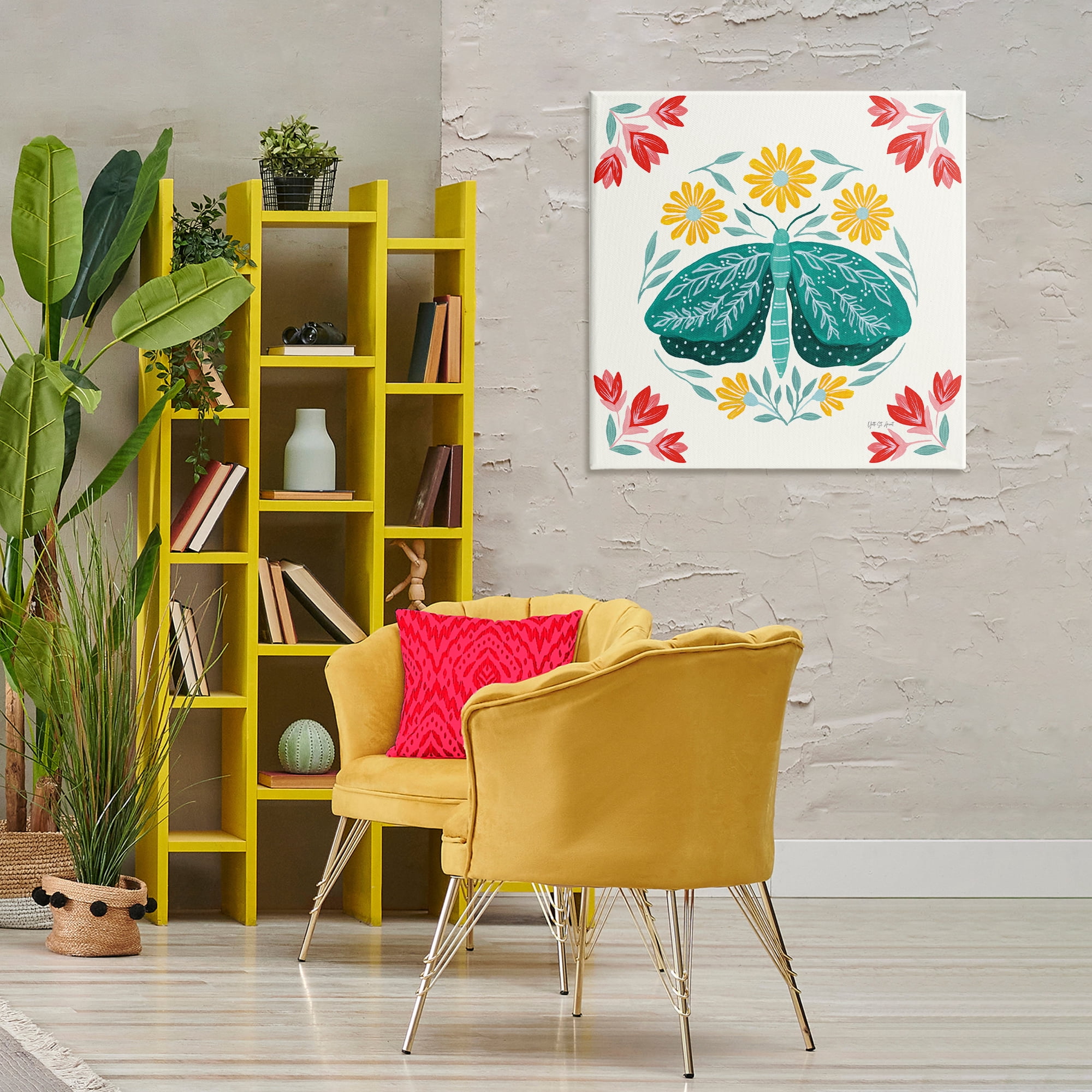 Stupell Industries Green Folk Butterfly Insects Painting Wrapped Canvas Art Print Wall Art, 30 x 30