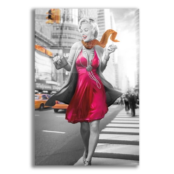 Epic Art 'Marilyn In The City BW' by JJ Brando, Acrylic Glass Wall Art, 12"x16"