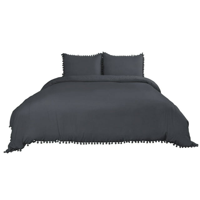 Unique Bargains Ensemble de Literie Housse de Couette en Polyester Lavé avec Pompons et Pompons, 3 Pcs,