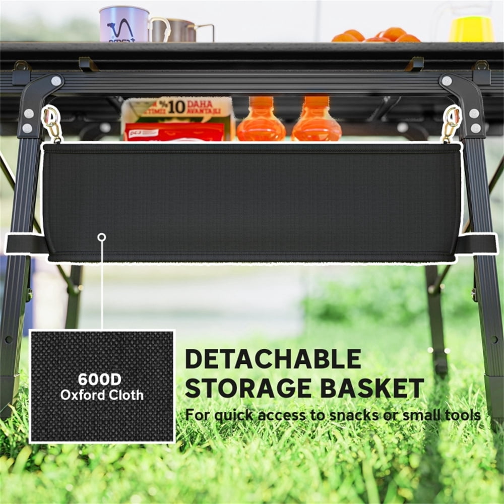 Adjustable Height Camping Table with Oxford Storage Basket, Lightweight Aluminum Alloy Frame, Foldable Portable Outdoor Table with Carry Bag for Camping Picnic