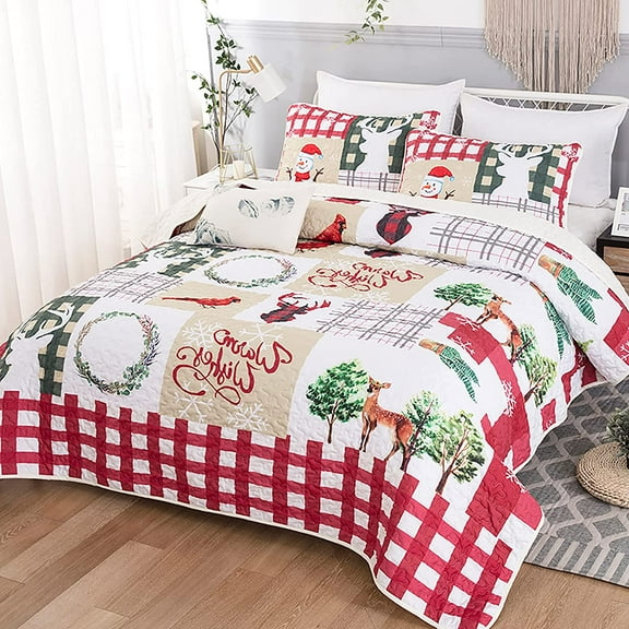 Christmas Quilt Set  Rustic Christmas Tree Snowman Cardinal Holiday Wreath Pattern Bedding Solid Bedspread Coverlet with 2 Pillow Shams for All Season, Soft Microfiber Quilt 103"x90"