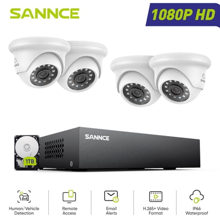 SANNCE Wired Security Camera System, 8CH CCTV DVR with 1TB Hard Drive and 4Pcs Outdoor Surveillance Cameras, Support 100ft Night Vision, Waterproof, Remote Access, Motion Alert, for 24/7 Recording