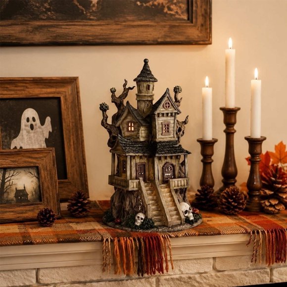 Resin Halloween Ghost Village Haunted House Figurine,Spooky Town Desktop Statue Vintage Fall Table Ornament,Halloween Fall Desktop Table Decor,Multi-Scene Decor for Home Party Desk Fireplace Mantel