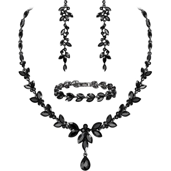 DESIGNICE Austrian Crystal Bridal Bridesmaid Jewelry Sets,Elegant Marquise Rhinestone Leaf Necklace Dangle Earrings Tennis Bracelet Set for Women