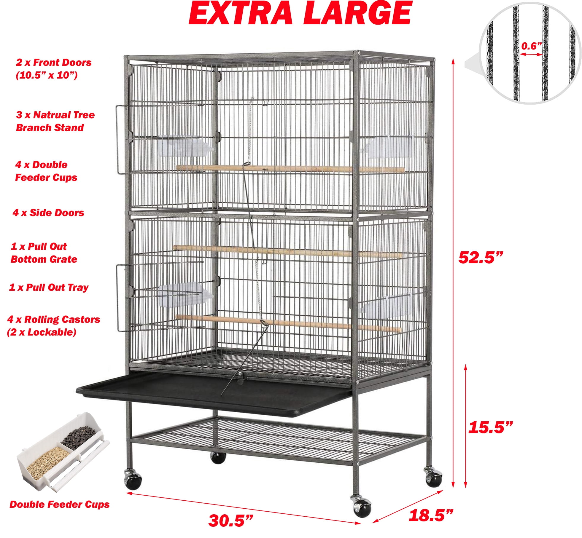 X-LARGE 30.5"x18.5"x52.5"H Bird Flight Parrot Home Rolling Cage Double Large Front Doors Side Doors For Cockatiel African Grey Aviary Budgie