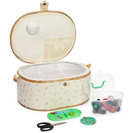 Vintage Sewing Basket Organizer Box Kit with Hand Sewing Supplies and Notions, Oval Shaped, 13 x 9 x 6 inches