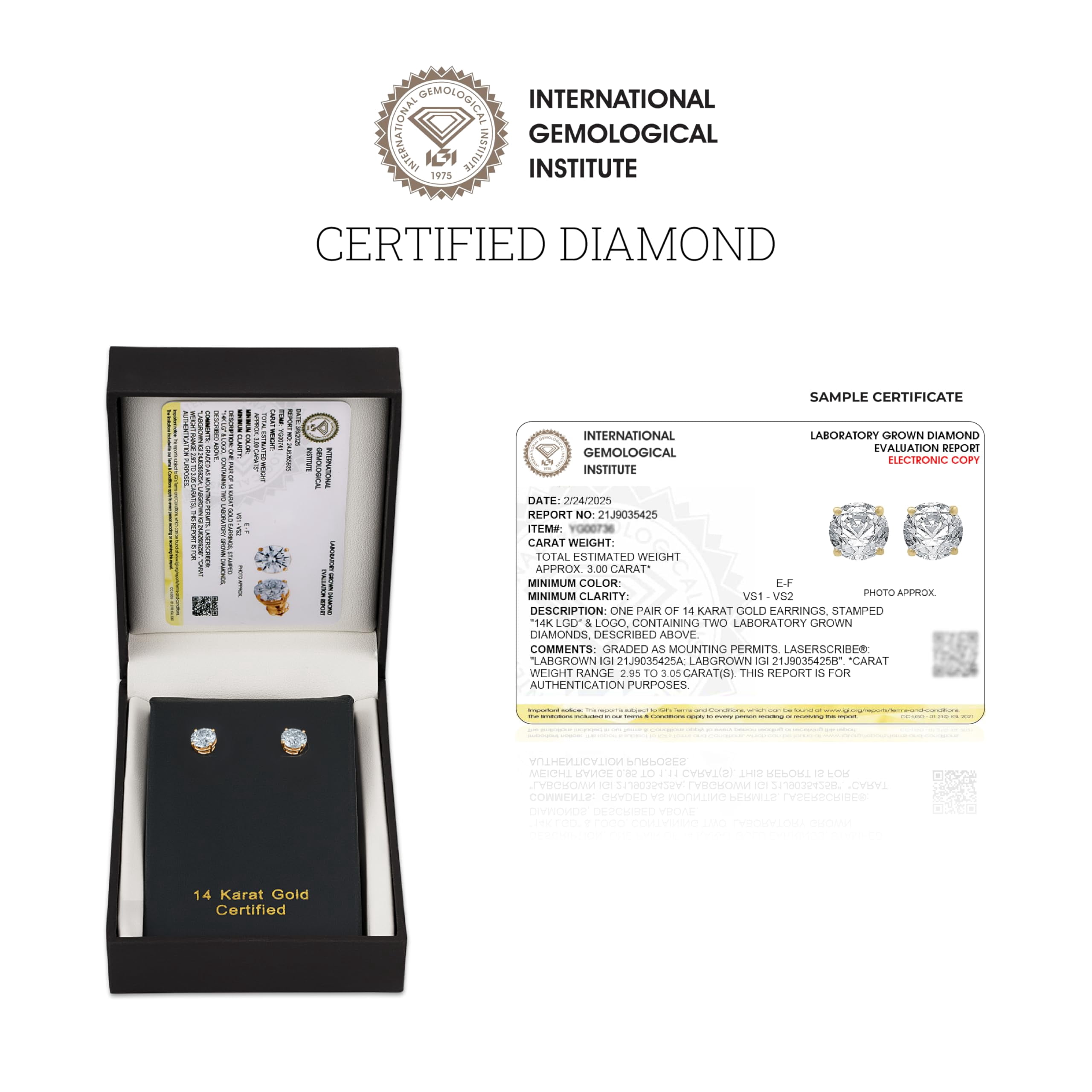 Gilded 3 Carat Total Weight IGI Certified Lab-Grown Diamond 14KT White Gold Stud Earrings for Women| Hypoallergenic Fine Gold Jewelry| 4-Prong Basket, Push Back Nut|VSI1 Clarity, E-F Color, Round Cut