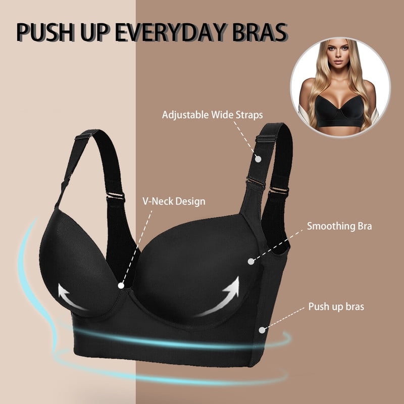 Bras for Women，Women's Push Up Bra,Full Coverage Underwire Bra,Hide Back Fat Deep Cup Bra,Back Fat Smoothing Bra Navy 36B