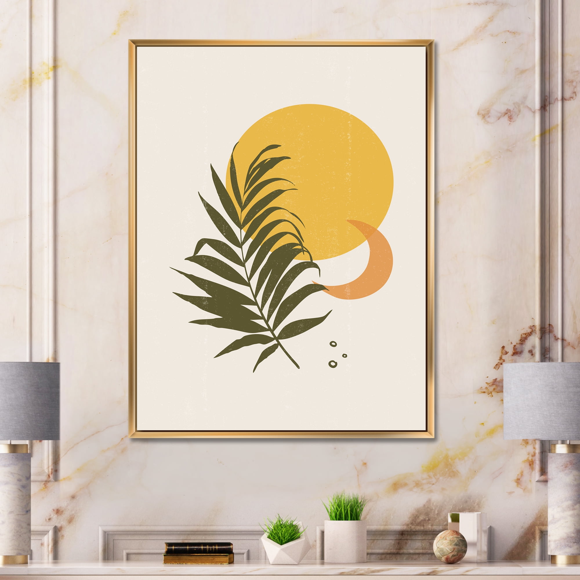 Designart 'Abstract Moon and Yellow Sun With Tropical Leaf I' Modern Framed Canvas Wall Art Print