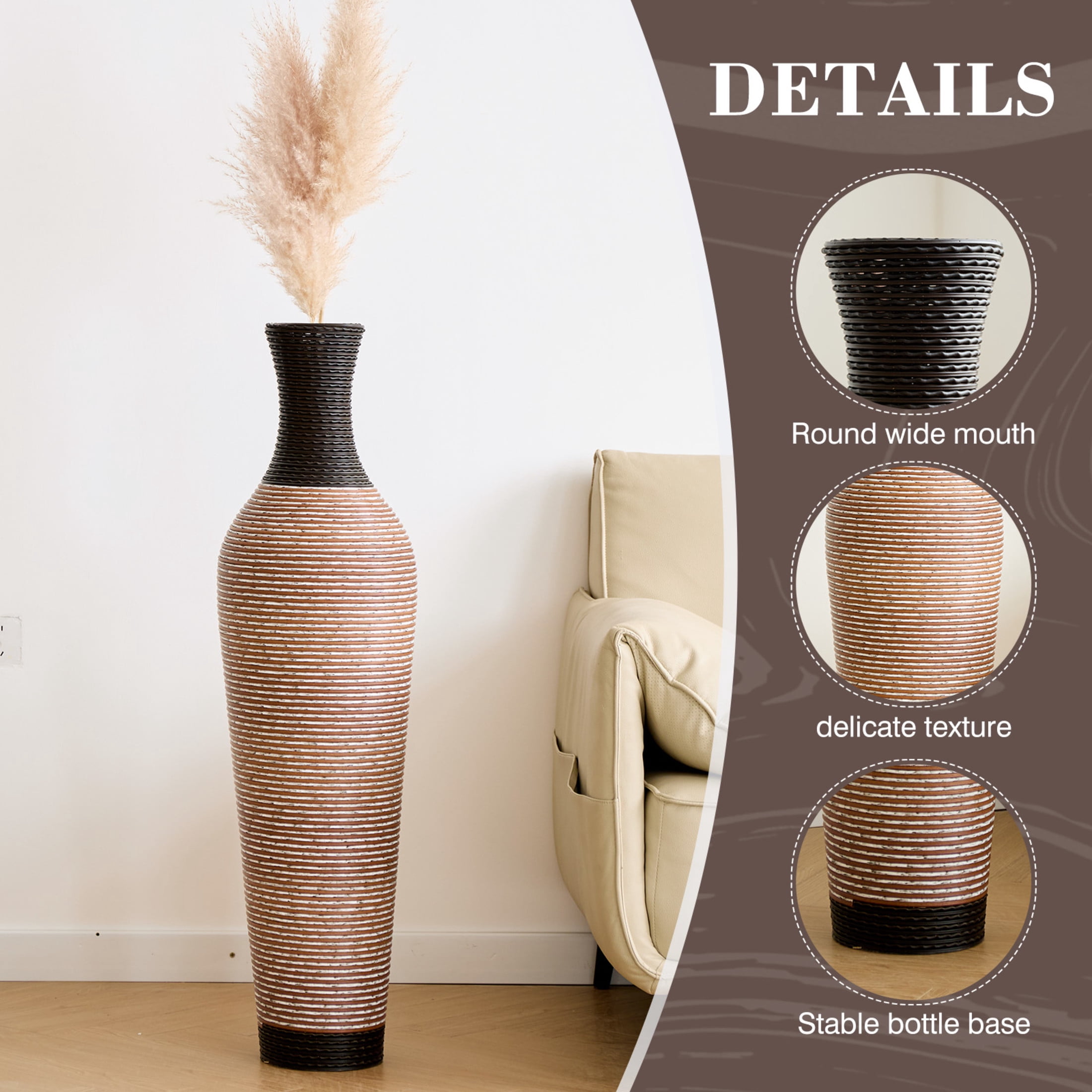 Noble House 39.37" Tall Handcrafted PVC Floor Vase, Modern Textured Decorative Vase, Black + Brown