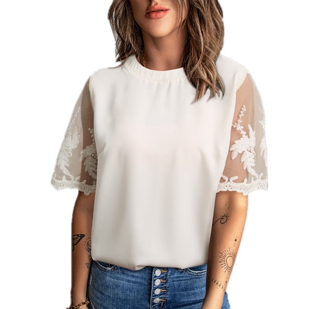 Camiseta de encaje de manga corta para mujer, Blusa de manga corta con cuello redondo y encaje de color liso para mujer Camiseta de manga corta con cuello redondo Probado y confiable