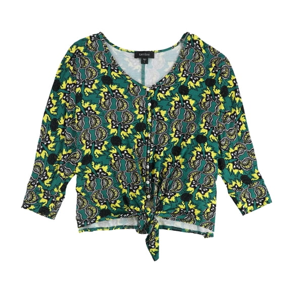 Karen Kane Womens Floral Tie Front Button Down Blouse grnmulti L