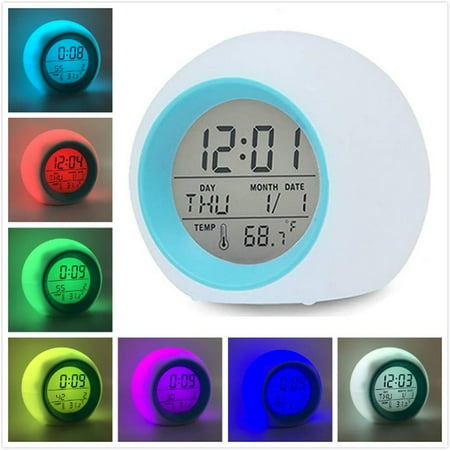 Led Clock Calendar Peroptimist Led Wake Up Light Digital Electronic Alarm Clock with Indoor Temperature Calendar Display and Nature Sound - 7 Colors Changing Night Light for Bedrooms for Adults Kids Teens ()