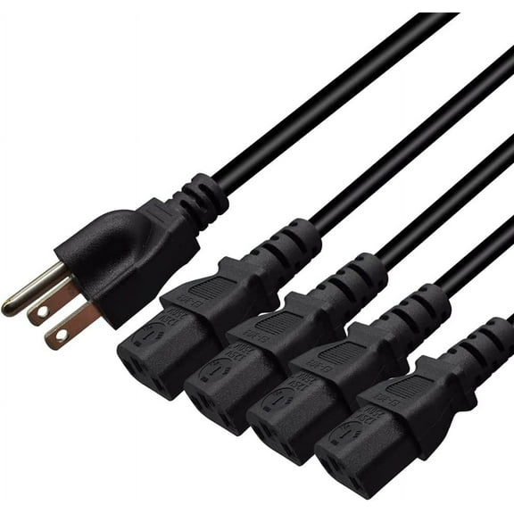 Computer Power Splitter Cord, NEMA 5-15P to 4X C13 - C13 Y-Cable, Power Cord Y Splitter Cable - Power 4 Monitors at Once (6ft/2m, 5-15P to 4XC13)