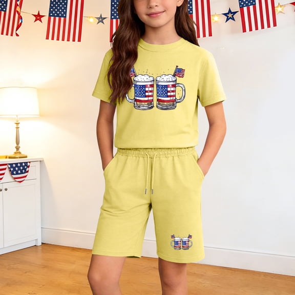 SGFCWSX Girls 2 Piece Outfits Summer Patriotic Print Short Sleeve Top and Drawstring Elastic Waist Shorts Set Casual Daily Playwear Yellow Size 5T
