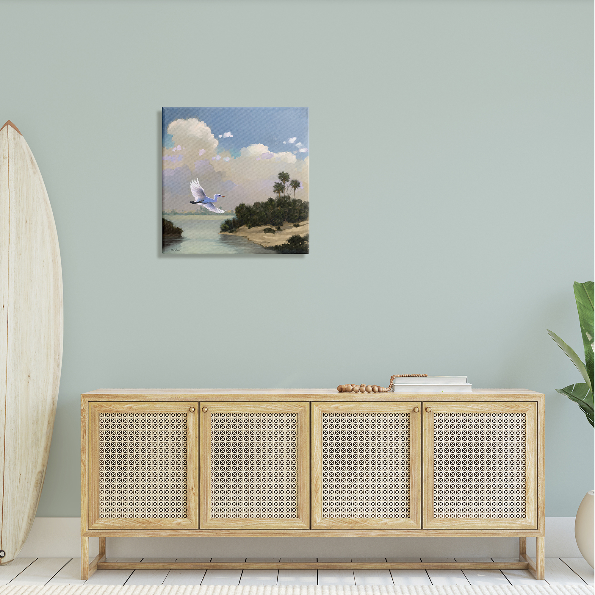 Stupell Heron Flying Over Coastal Inlet Nature Landscape Painting Gallery Wrapped Canvas Print Wall Art