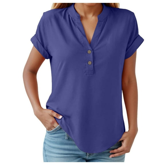 GEWSEY Linen Shirt for Women Summer Button Down Short Sleeve V Neck Tops Solid Color Comfy Blouses Casual Dressy Tunic Top (Light Purple, XL)