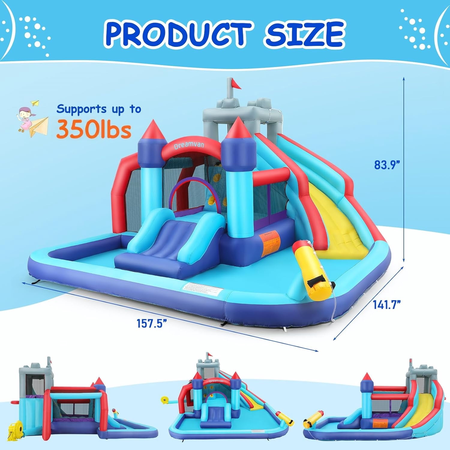 Qhomic Bounce House with 550W Blower, Water Slide with Pool, Climbing Walls, Jump Area, Basketball Hoop, Water Gun, Indoor and Outdoor Inflatable Water Park for kids