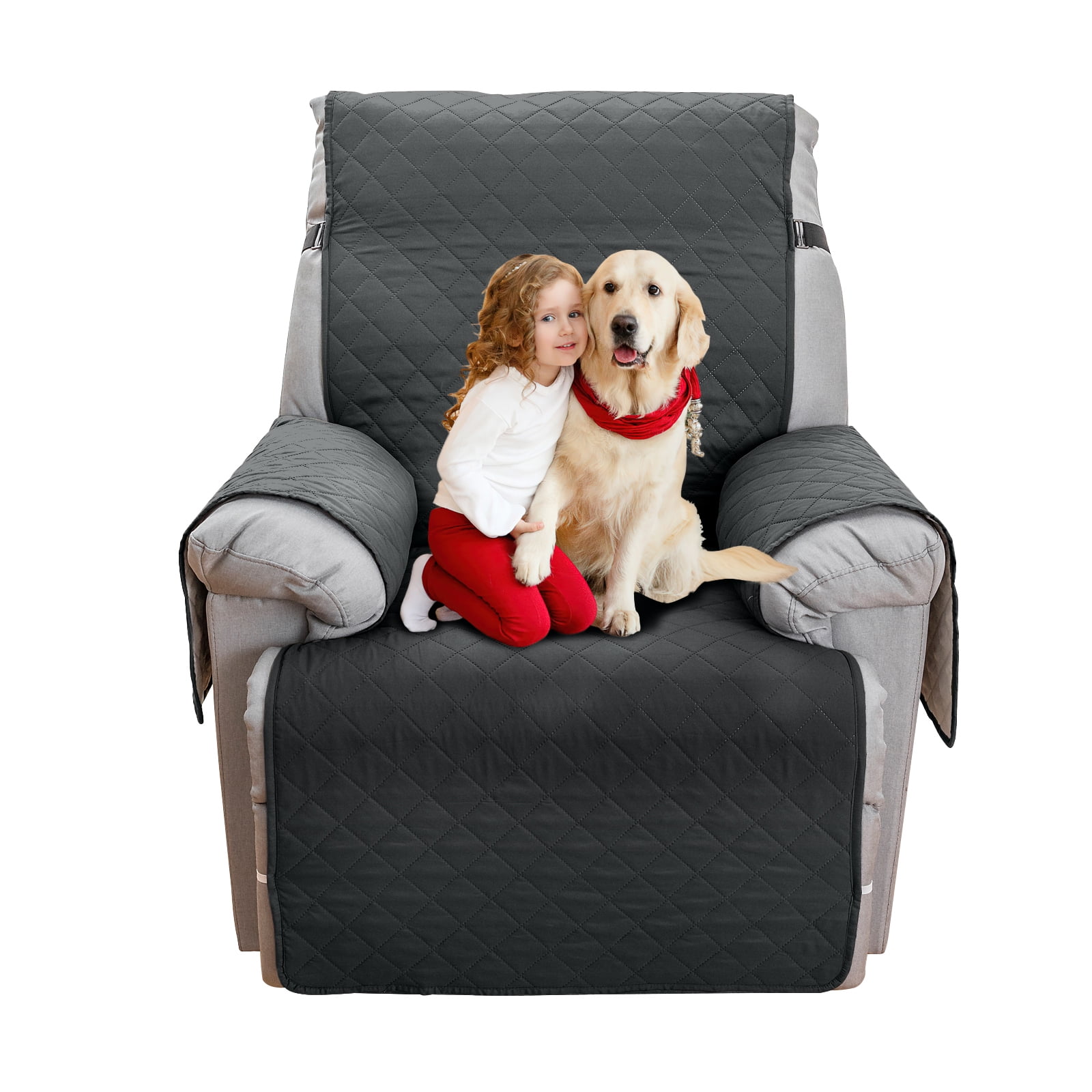 Sanmadrola Recliner Chair Cover, Recliner Cover Non-Slip Dog Chair Cover with Pocket and Elastic Straps, Reclining Couch Covers for Pets, Dogs (28 inch" Black Gray)