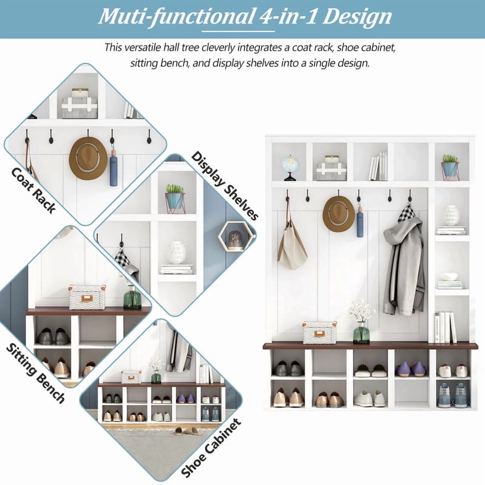 Farmhouse 4-in-1 Entryway Hall Tree with 6 Hooks, Versatile Storage Bench with Open Cubbies, Entryway Coat Rack with Adjustable Shelves for Mudroom, Living Room