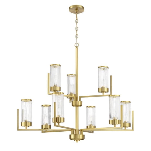 Whittley 9-Light Satin Brass Chandelier for Kitchen/Dining/Foyer with Clear Ribbed Glass