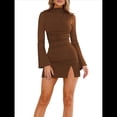 thumbnail image 2 of Vestido de Mujer con Mangas Largas Cruzadas, Volantes, Dobladillo Ajustado, Abertura, Cuello Medio Alto, Falda Corta, Cintura Ajustada. Café M, 2 of 9