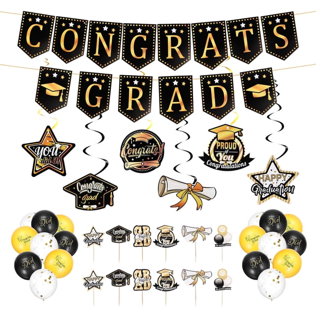 Juego de Decoraciones de Graduación, Banner de Fondo Negro y Dorado de la Clase de 2024, Tarjeta Colgante de Graduación, Globos para Fiesta