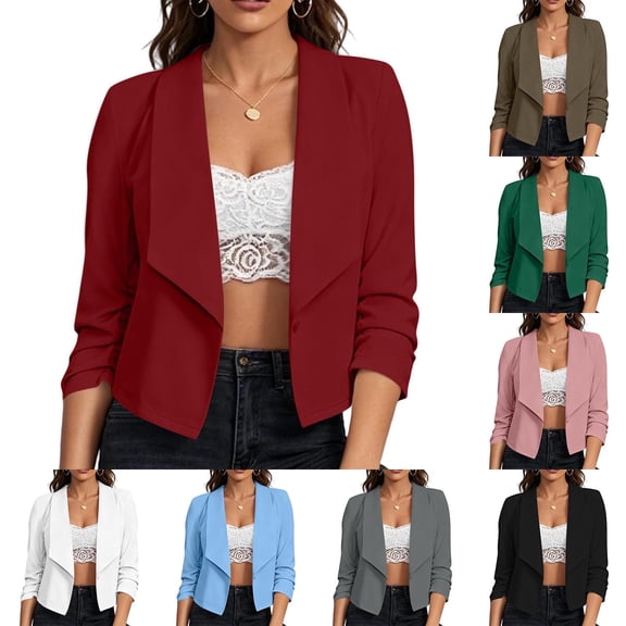 Stamzod Womens Fashion Cropped Blazers 2026 Lapel Collar 3/4 Sleeve One-Button Suit Jackets Business Casual Clothes Green XXL