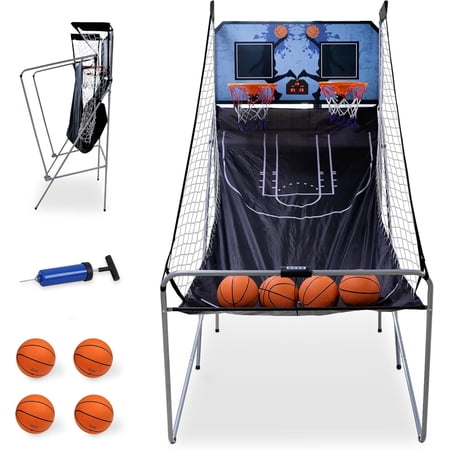 Foldable Indoor Basketball Arcade Game, Electronic Dual Shot Basketball Hoop Arcade Game Machine with 4 Balls and LED Scoring for 2 Players Home Play, Kids, Adults