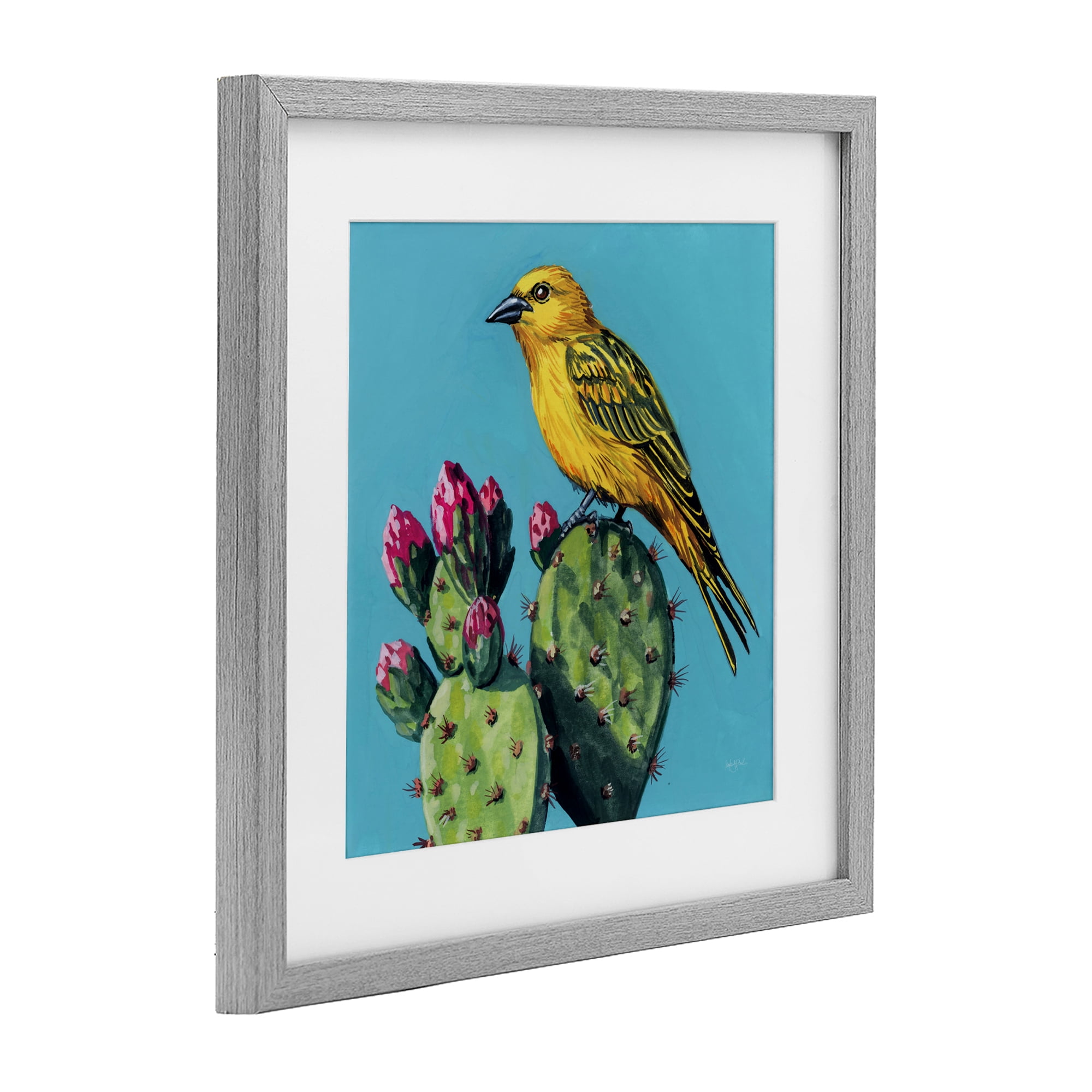Stupell Industries Yellow Bird on Cacti Bloom Gray Framed Print Under Glass, design by Kate Jarvik Birch