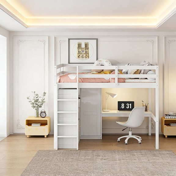 White Wood Full Size Loft Bed with Built-In Wardrobe, Desk, Storage Shelves and Drawers, Space-Saving Design for Bedroom