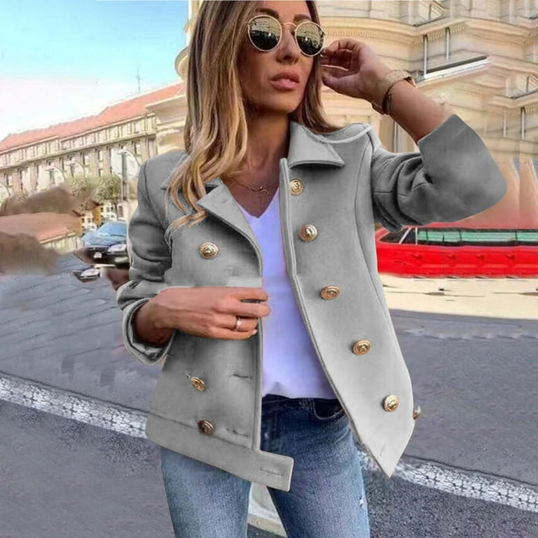 HAPIMO Sales Short Woolen Cloth Jacket for Women Girls Fall Fashion Tops  Casual Comfy Long Sleeve Womens Turn Down Collar Outwear Button Down Bust