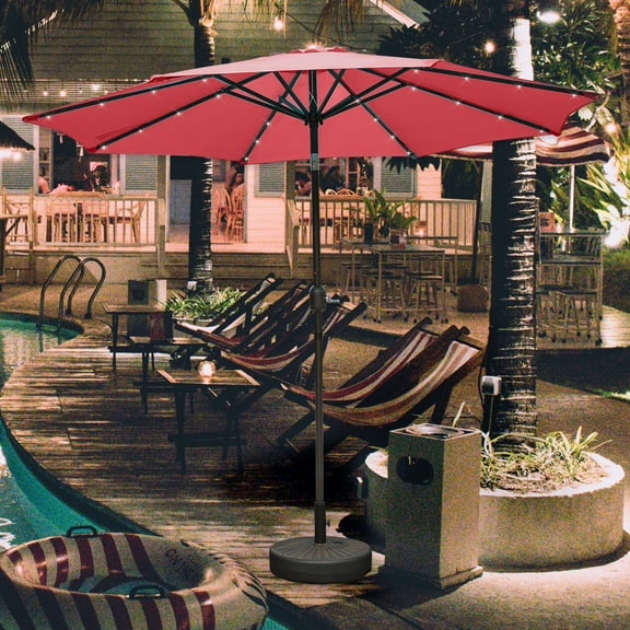 Westin Outdoor 9 Ft Solar LED Patio Umbrella with Bronze Fillable Base Weight Included, Red