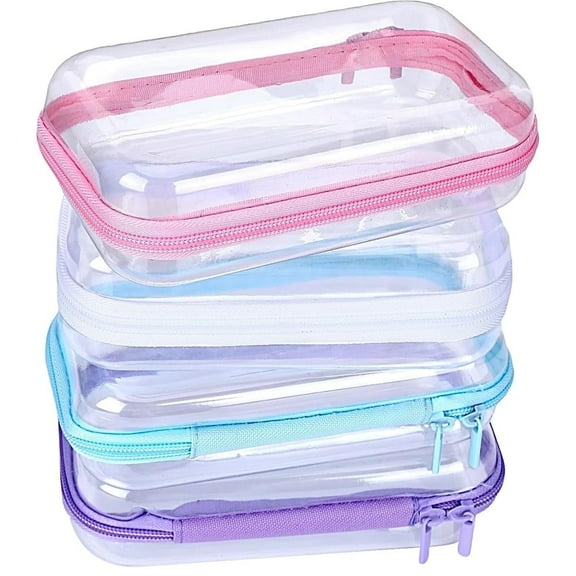 Clear Hard Shell Zipper Case Tutuviw 3 Pcs Plastic Clear Storage Zipper Case Transparent Waterproof Hard Pouches Hard Sided Pencil Case Clear Zipper Toys Puzzles Organizer Bin (4 Colors, S)
